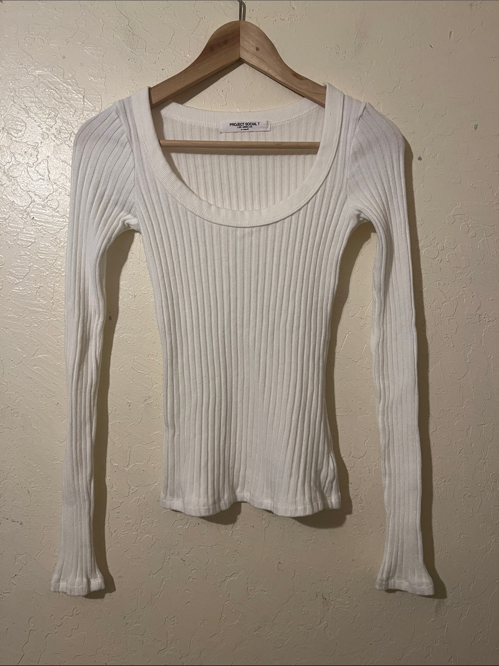 Project Social T White Ribbed Long Sleeve Scoop Neck Top